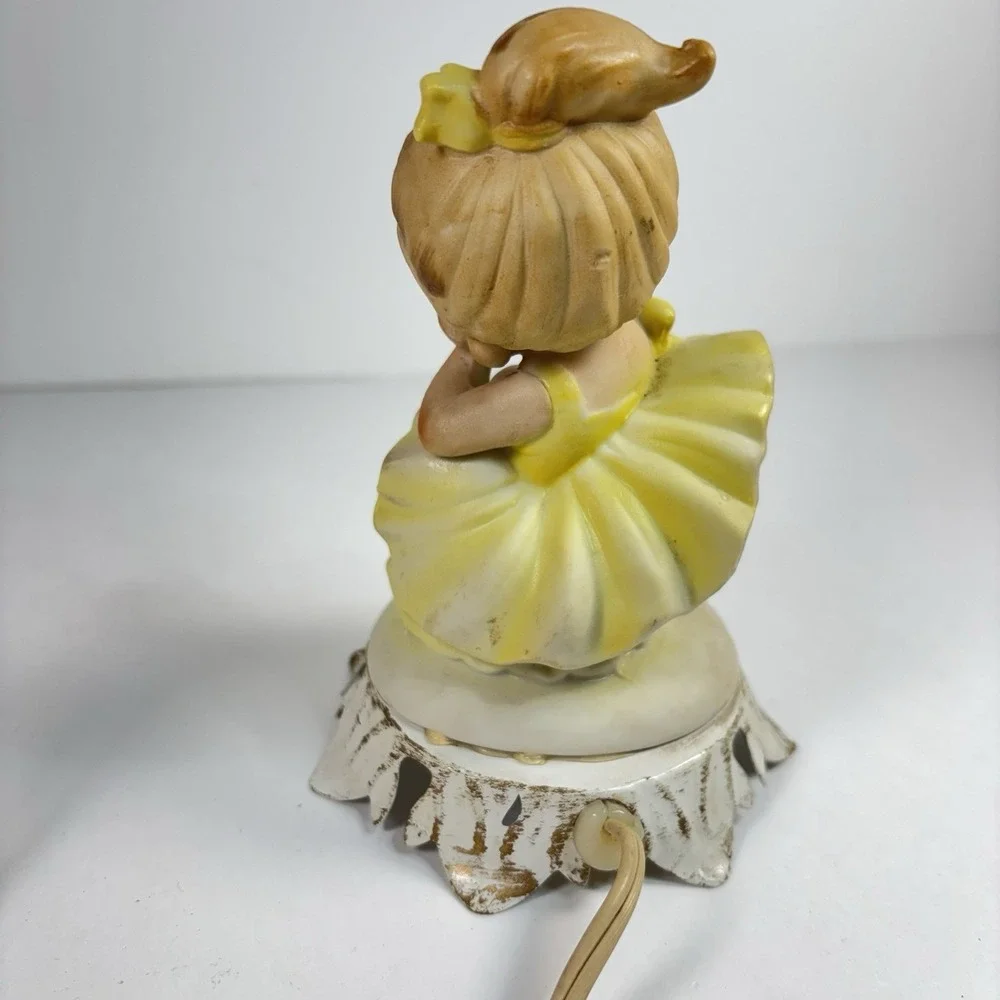 Vtg Rustic Cottage Porcelain Ballerina Night Light Yellow Dress Metal Stand Plug
